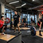 Atlet muda putra dan putri melakukan program latihan beban compound barbell squat di gym pusat performa olahraga