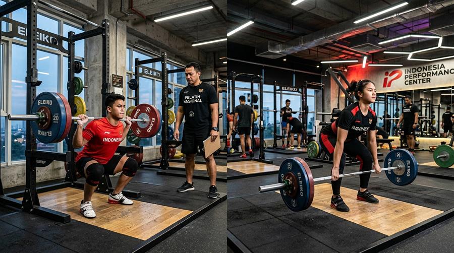 Atlet muda putra dan putri melakukan program latihan beban compound barbell squat di gym pusat performa olahraga