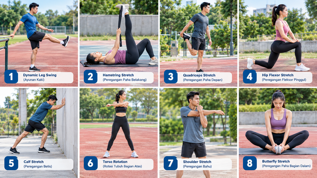 8 contoh latihan fleksibilitas dan peregangan otot untuk membantu mencegah cedera saat olahraga, mulai dari dynamic leg swing hingga butterfly stretch.